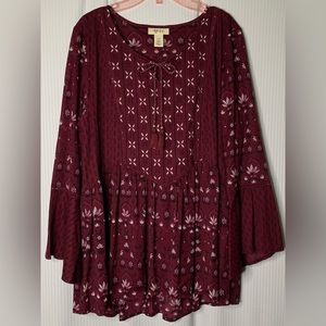 Style & Co Long Sleeve Peasant style Blouse Maroon Color Double Layer Large